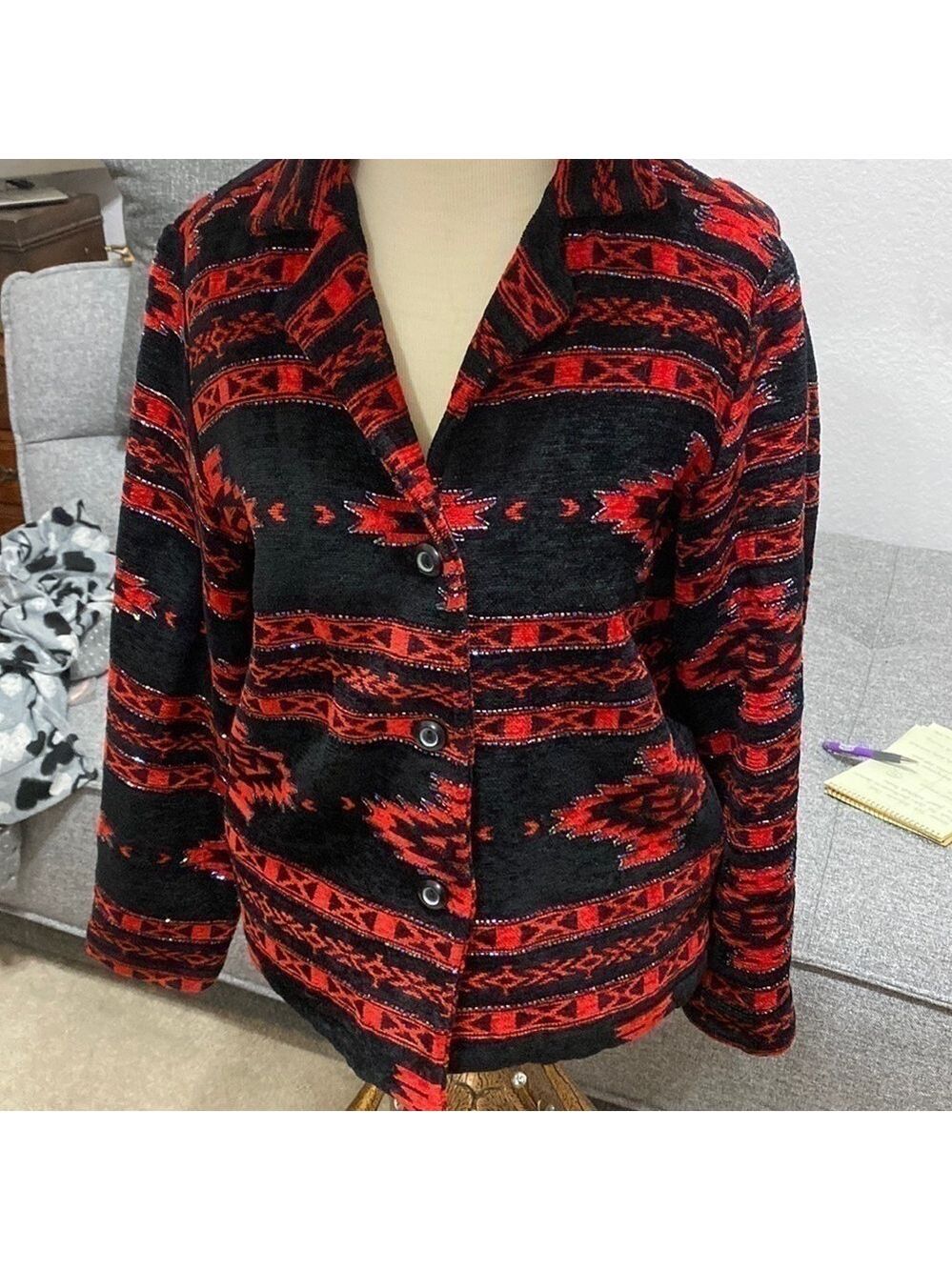 COLDWATER CREEK black and red Aztec southwestern lined jacket bugle beads y2K